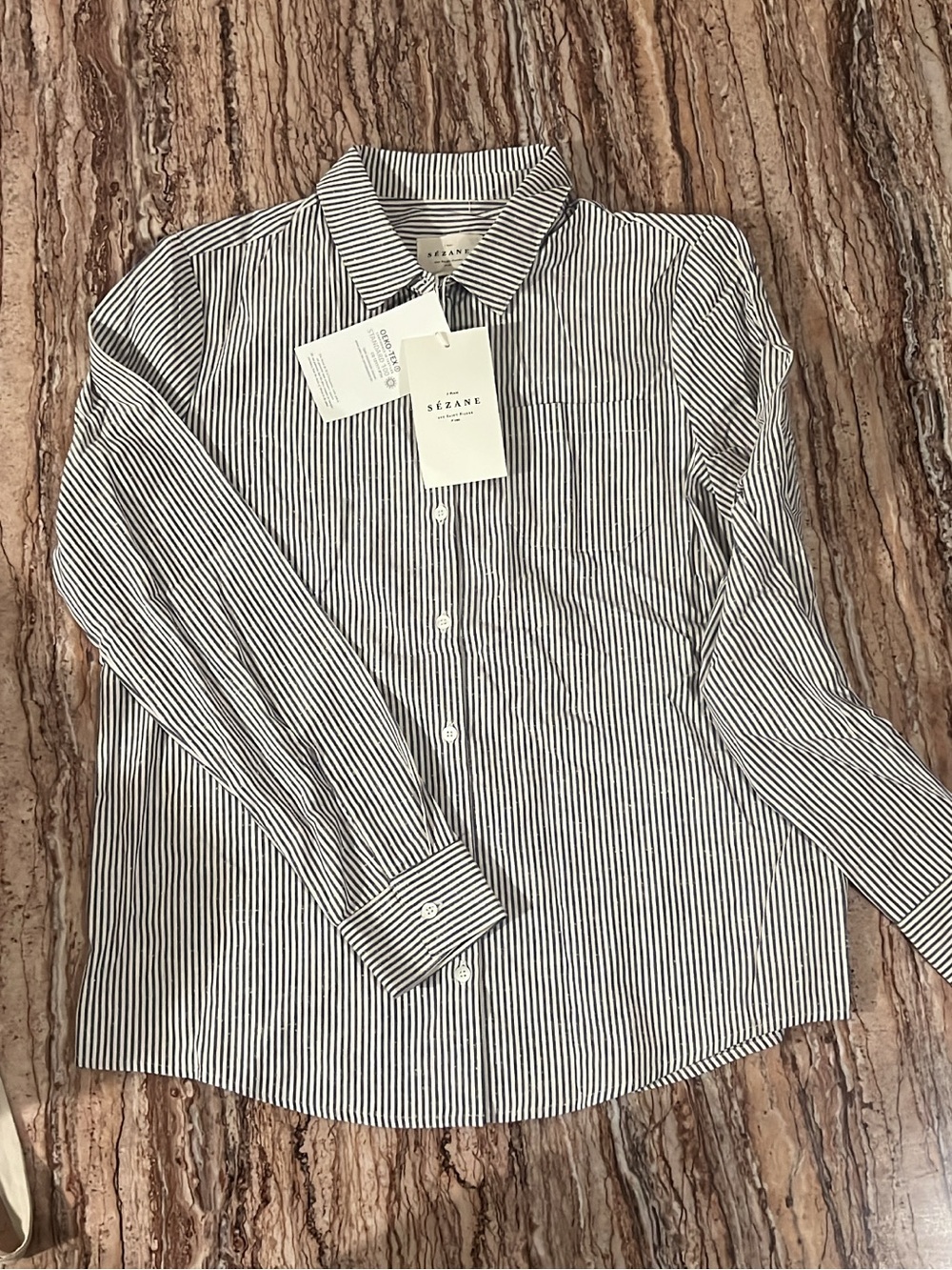 Sezane White and Black Pinstripe Button-Down Shirt